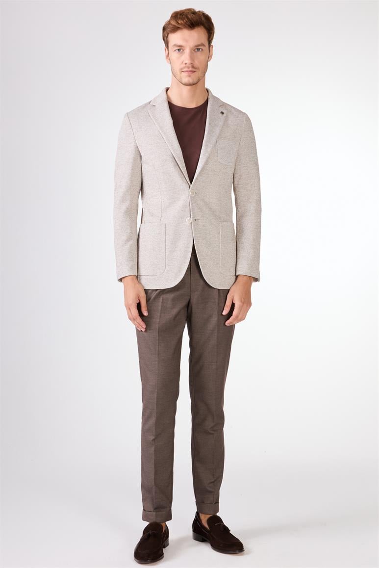 Kahverengi Erkek Slim Fit Armürlü Mono Yaka Ceket 