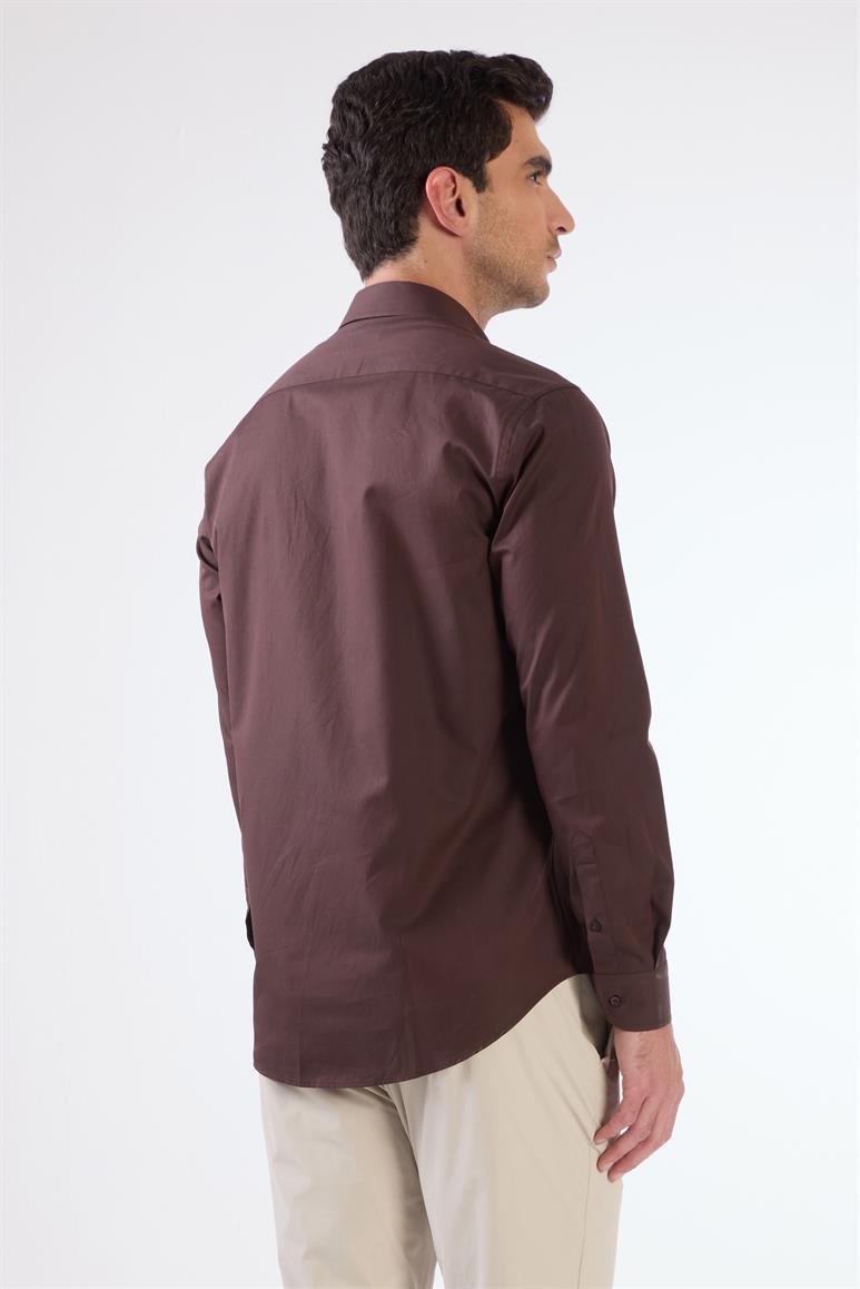 Kahverengi Erkek Slim Fit Düz Düğmeli Yaka Uzun Kol Gömlek 