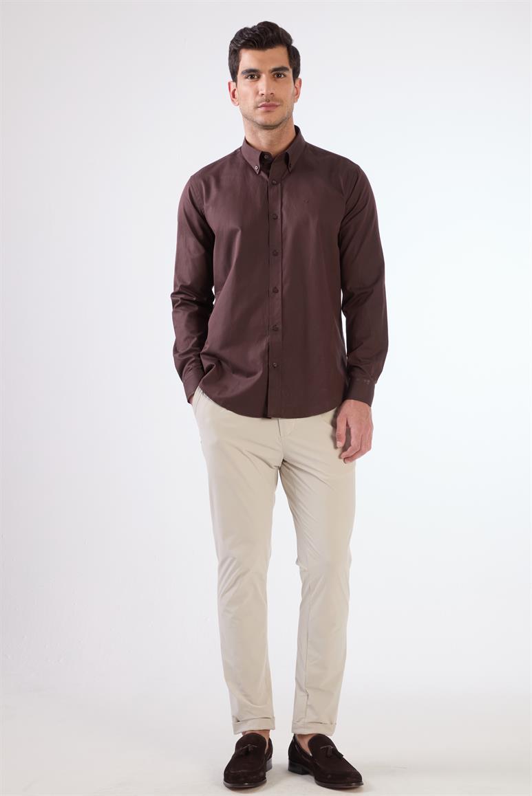Kahverengi Erkek Slim Fit Düz Düğmeli Yaka Uzun Kol Gömlek 
