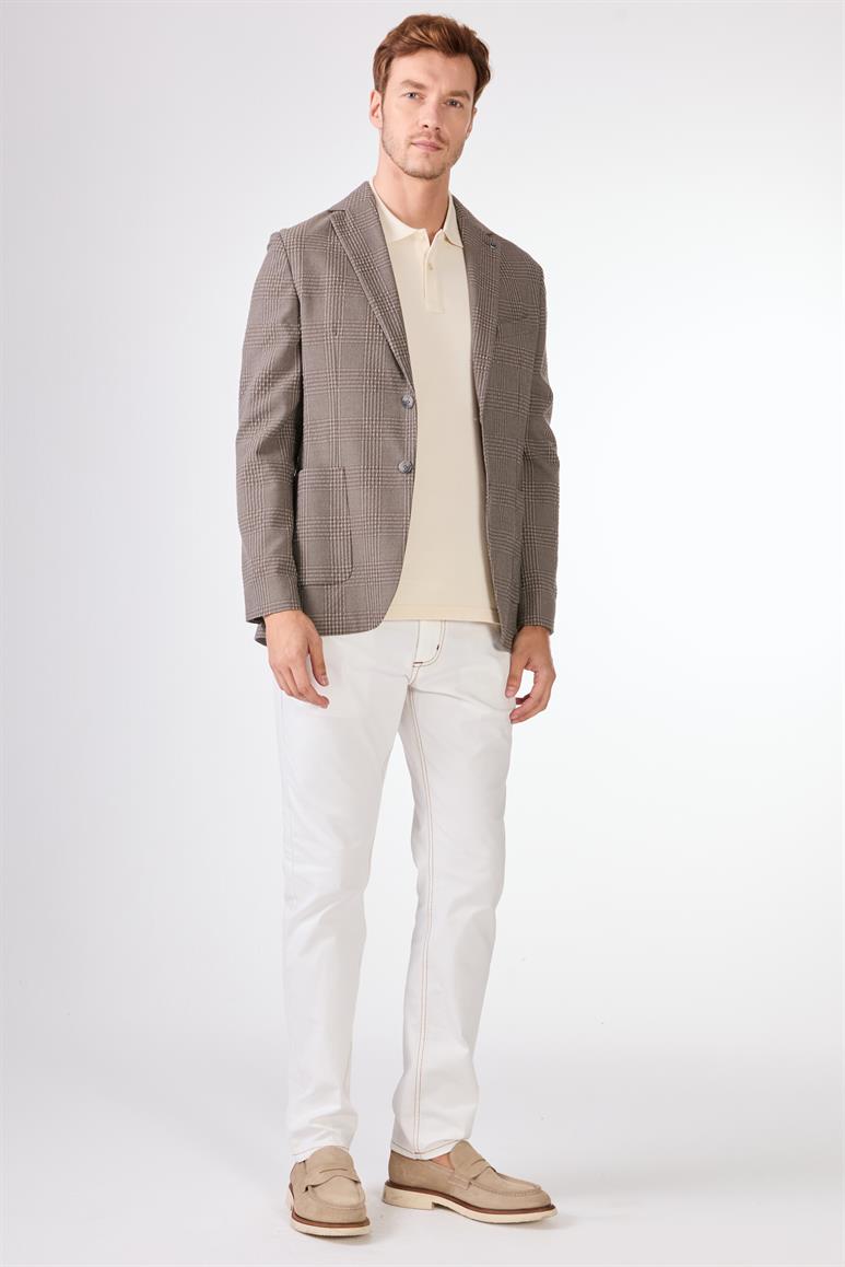 Kahverengi Erkek Slim Fit Ekose Desenli Mono Yaka Ceket 