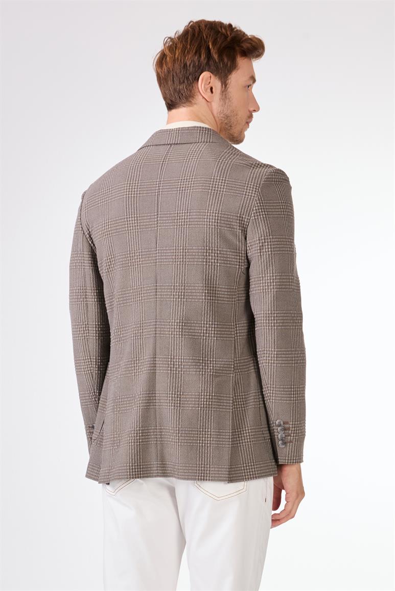 Kahverengi Erkek Slim Fit Ekose Desenli Mono Yaka Ceket 