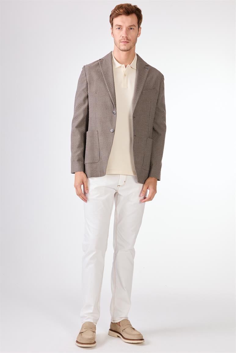 Kahverengi Erkek Slim Fit Ekose Desenli Mono Yaka Ceket 