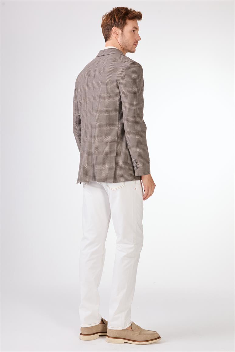 Kahverengi Erkek Slim Fit Ekose Desenli Mono Yaka Ceket 