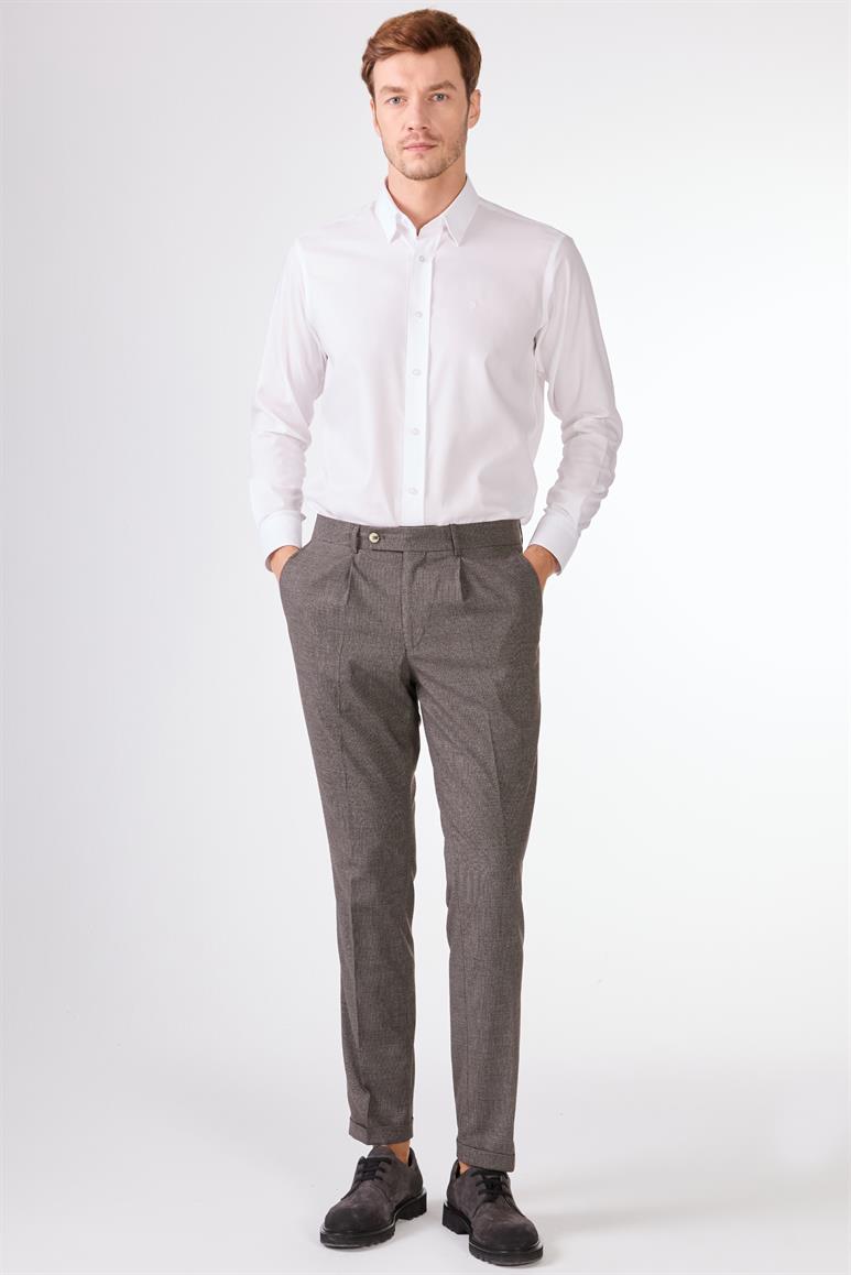 Kahverengi Erkek Slim Fit Melanj Desenli Klasik Pantolon 