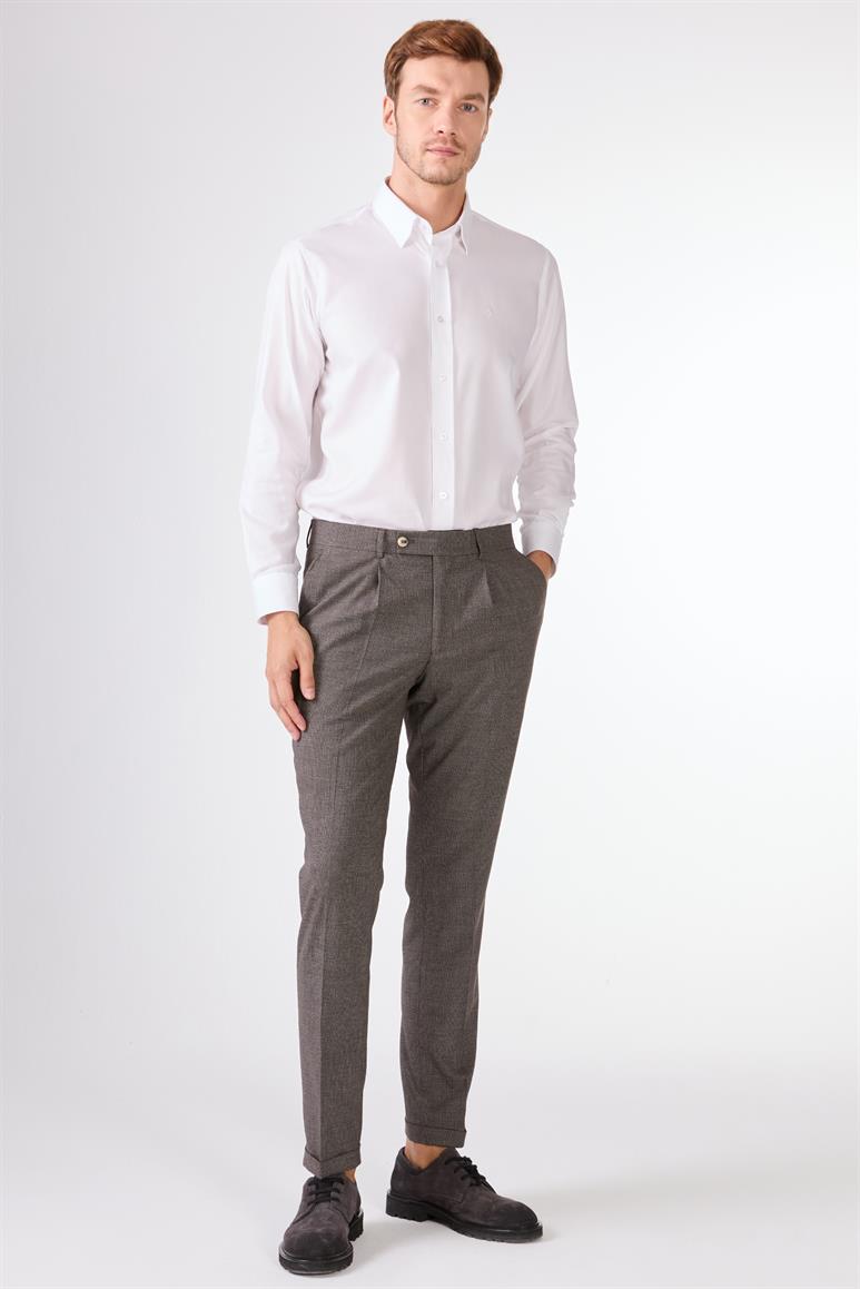 Kahverengi Erkek Slim Fit Melanj Desenli Klasik Pantolon 