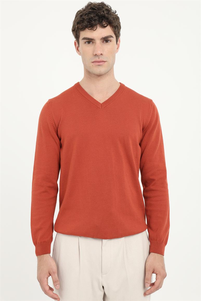 Kiremit V Yaka Regular Fit Erkek Triko