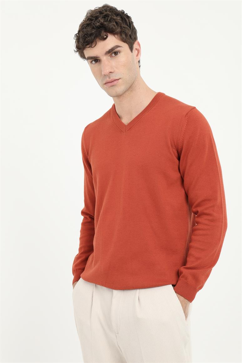 Kiremit V Yaka Regular Fit Erkek Triko