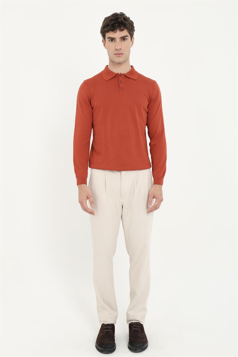Kiremit Polo Yaka Düz  Regular Fit Erkek Triko