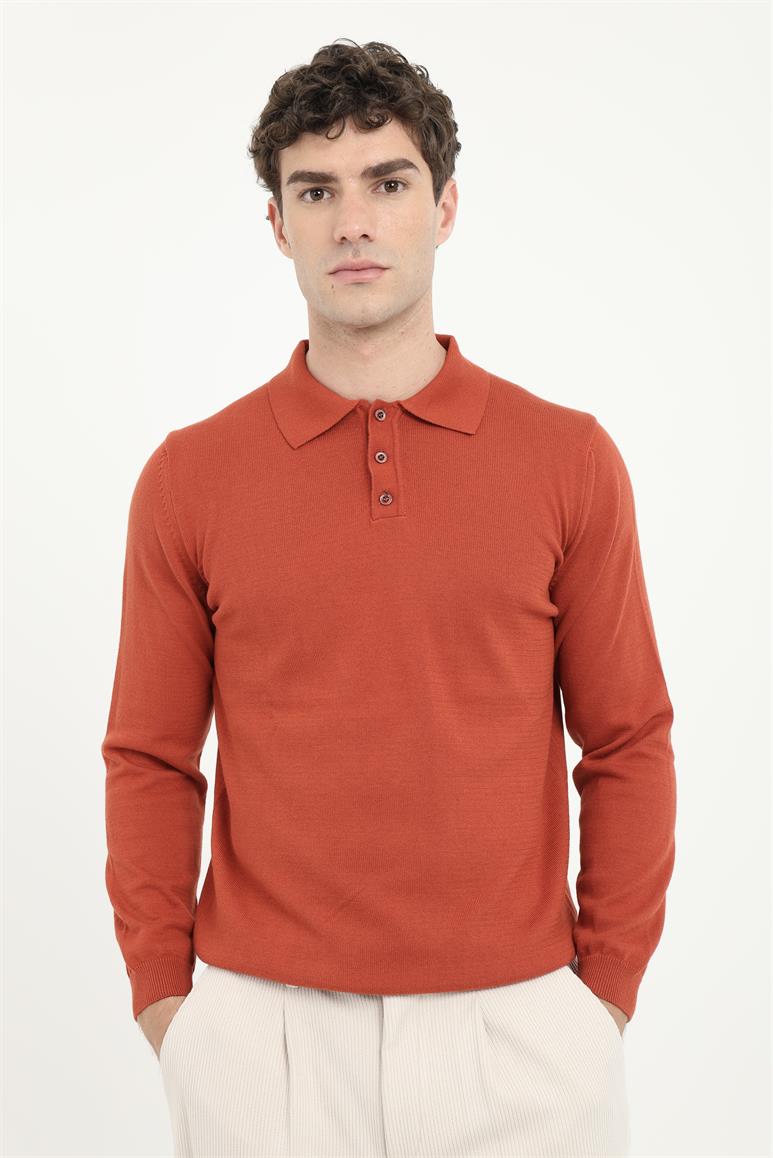 Kiremit Polo Yaka Düz  Regular Fit Erkek Triko