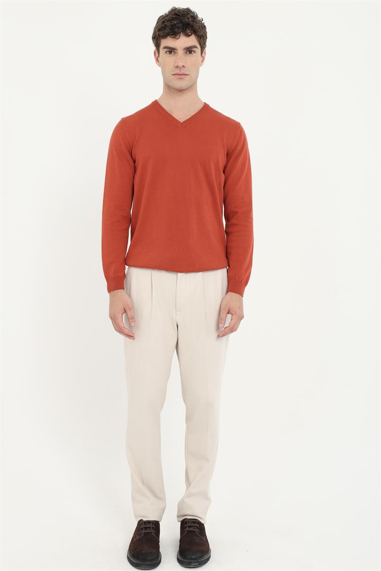 Kiremit V Yaka Regular Fit Erkek Triko
