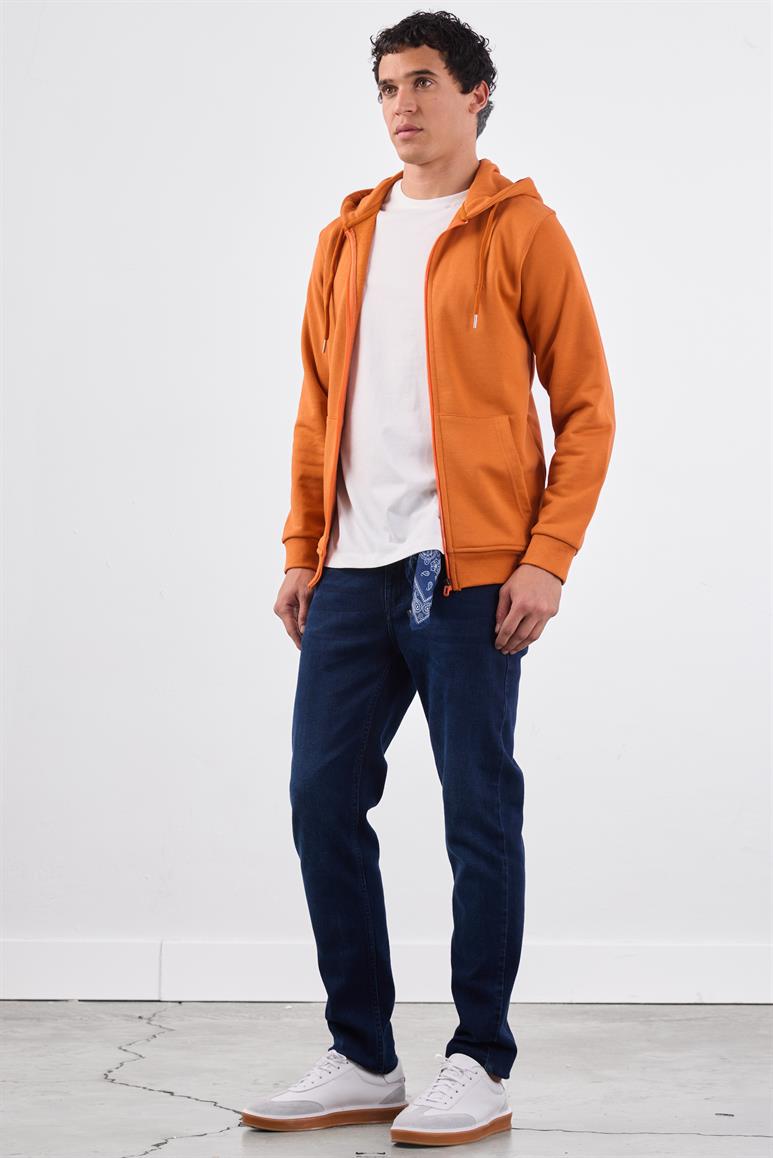 Kiremit Fermuar Kapamalı Kapüşonlu Erkek Regular Fit Sweatshirt