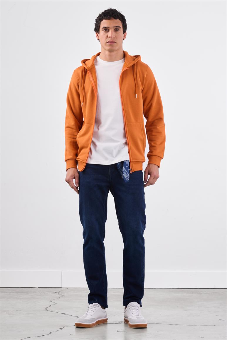 Kiremit Fermuar Kapamalı Kapüşonlu Erkek Regular Fit Sweatshirt