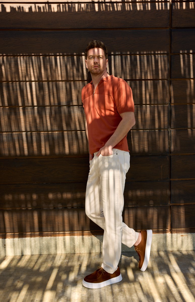 Kiremit Fermuarlı Polo Yaka Kısa Kollu Örgü Slim Fit Erkek Triko