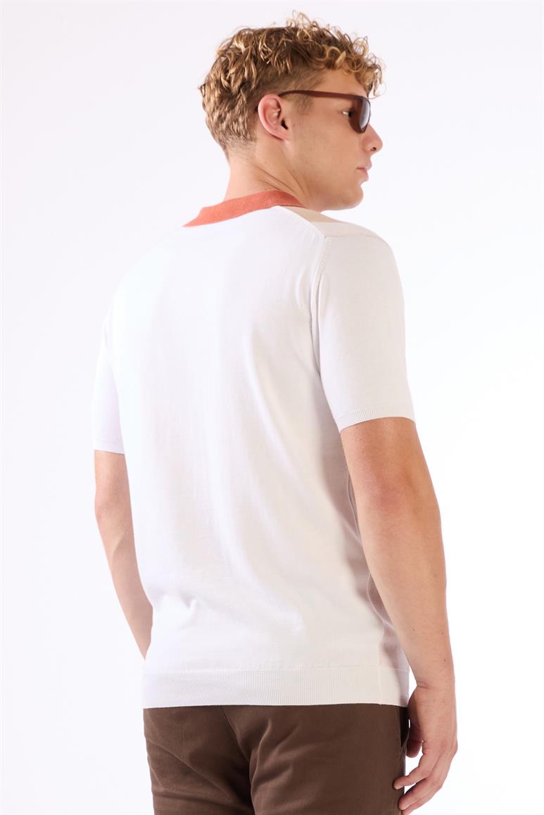 Kiremit Polo V Yaka Blok Desen Kısa Kollu Slim Fit  Erkek Triko