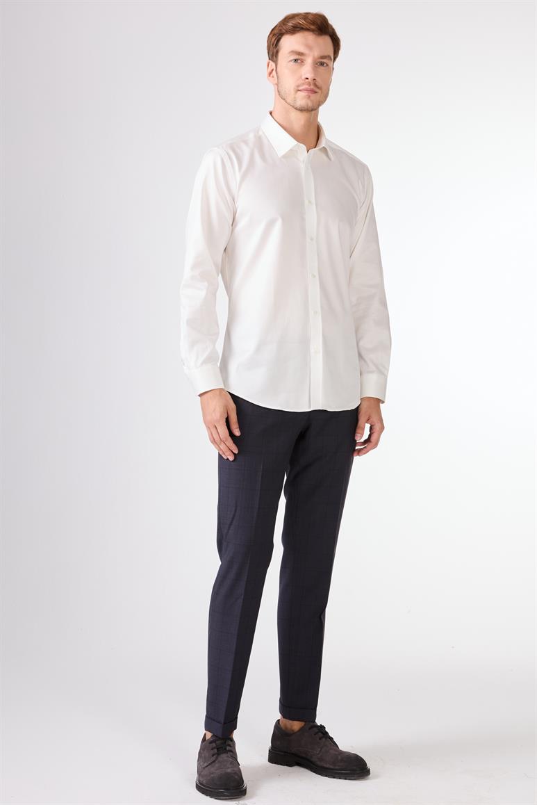 Kırık Beyaz  Düz Slim Fit Uzun Kol Erkek Gömlek 