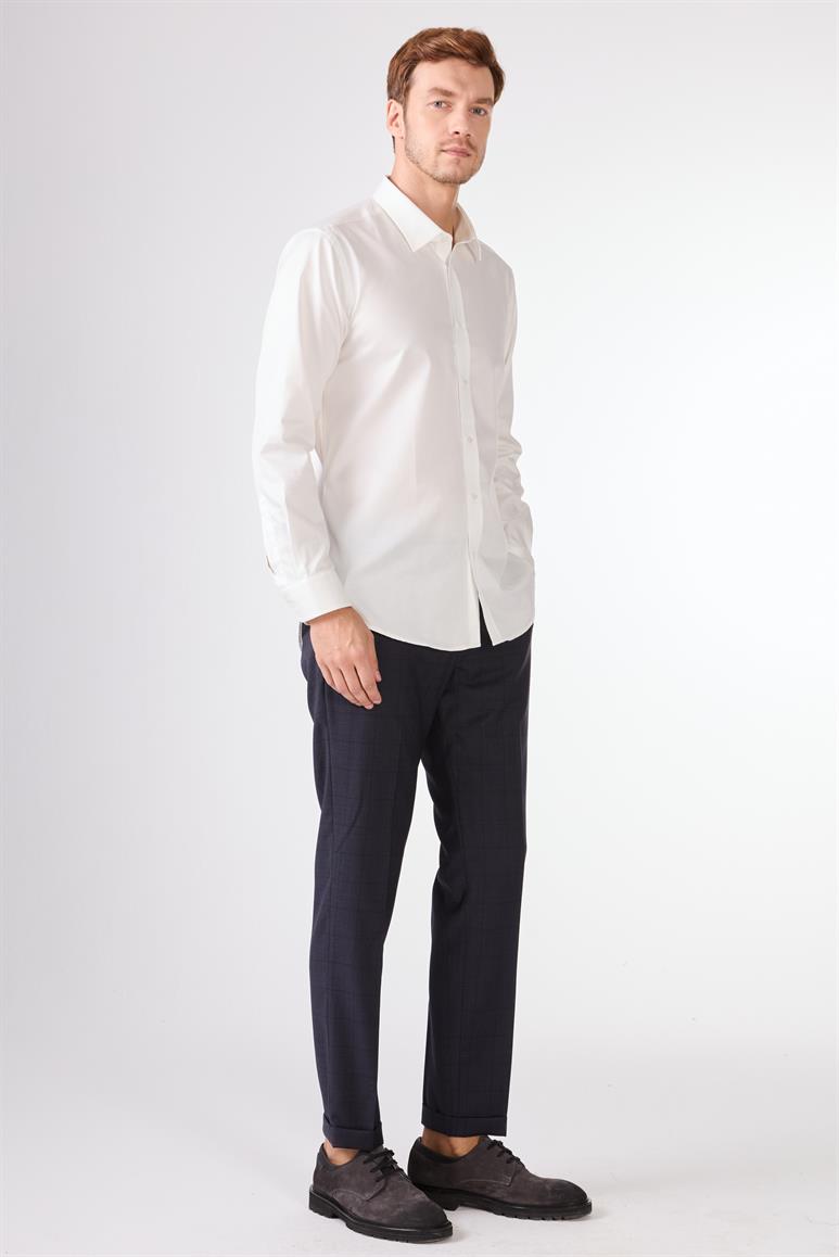 Kırık Beyaz  Düz Slim Fit Uzun Kol Erkek Gömlek 
