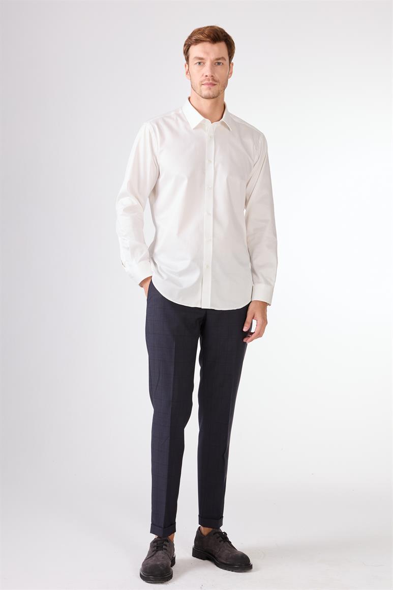 Kırık Beyaz  Düz Slim Fit Uzun Kol Erkek Gömlek 
