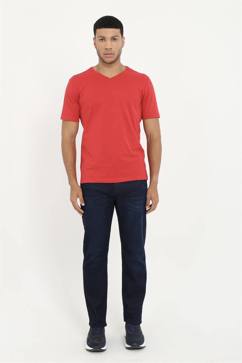 Kırmızı-v-yaka-pamuklu-duz-renk-slim-fit-erkek-t-shirt