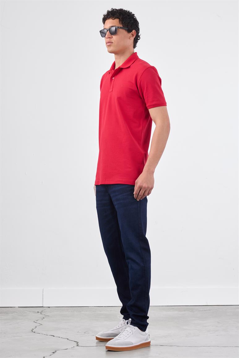 Kırmızı Polo Yaka Pamuklu Düz Renk Slim Fit Erkek T-shirt