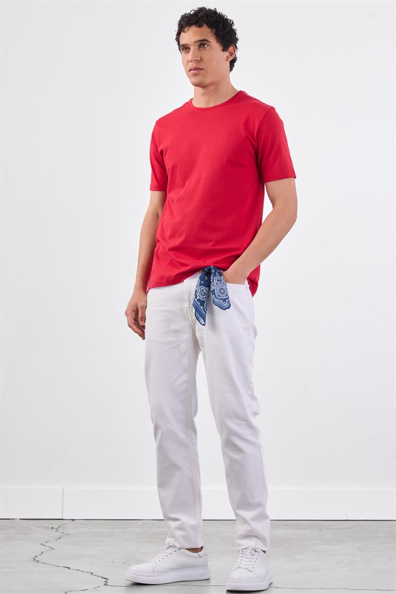 Kırmızı Bisiklet Yaka Pamuklu Düz Renk Slim Fit Erkek T-shirt