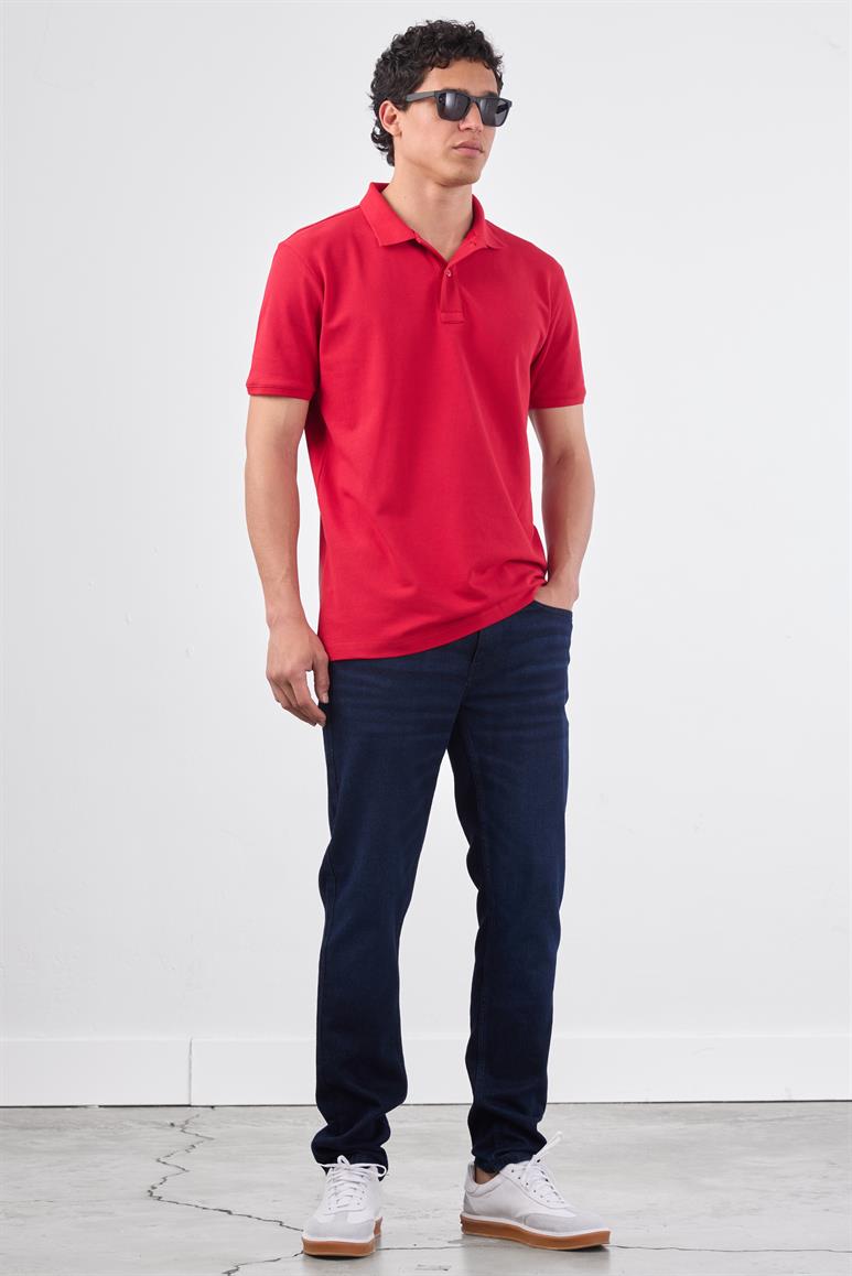 Kırmızı Polo Yaka Pamuklu Düz Renk Slim Fit Erkek T-shirt