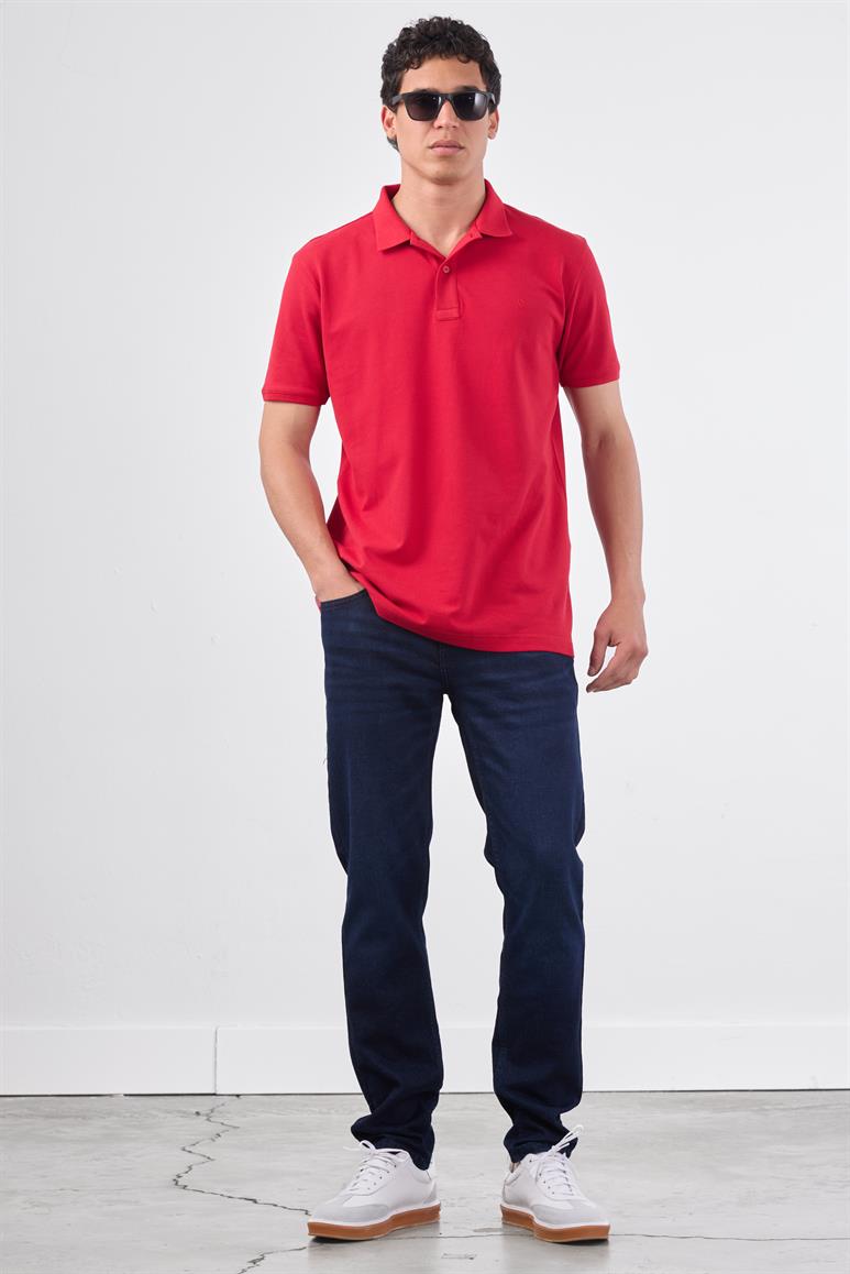 Kırmızı Polo Yaka Pamuklu Düz Renk Slim Fit Erkek T-shirt