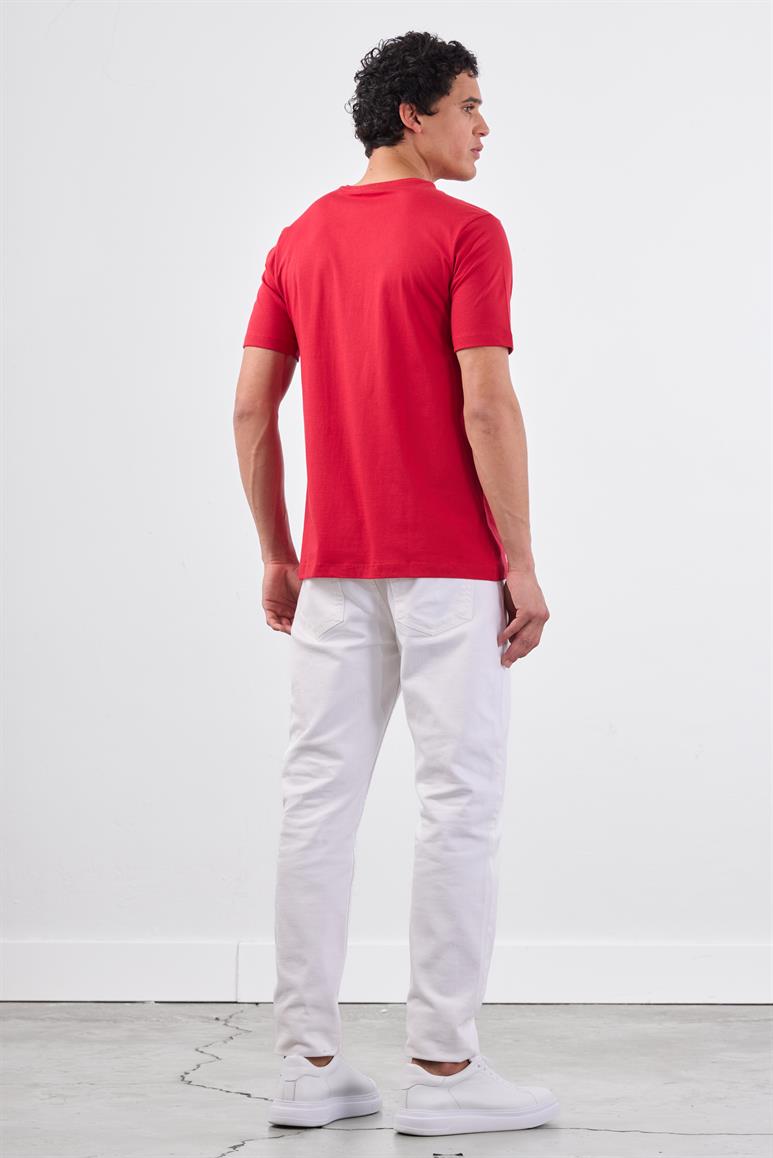 Kırmızı Bisiklet Yaka Pamuklu Düz Renk Slim Fit Erkek T-shirt