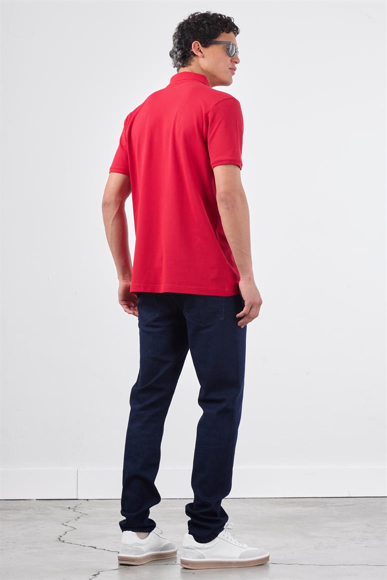 Kırmızı Polo Yaka Pamuklu Düz Renk Slim Fit Erkek T-shirt