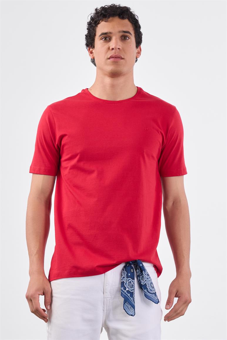 Kırmızı Bisiklet Yaka Pamuklu Düz Renk Slim Fit Erkek T-shirt
