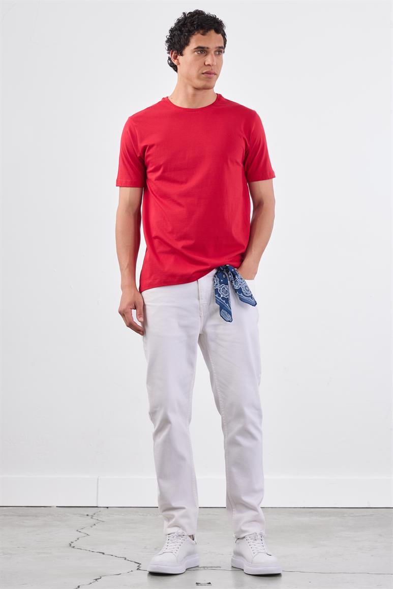 Kırmızı Bisiklet Yaka Pamuklu Düz Renk Slim Fit Erkek T-shirt