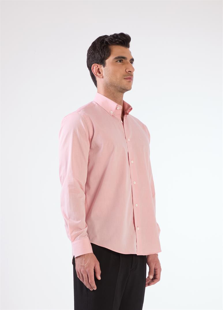 Kırmızı Erkek Regular Fit Düz Brent Düğmeli Yaka Uzun Kol Gömlek 