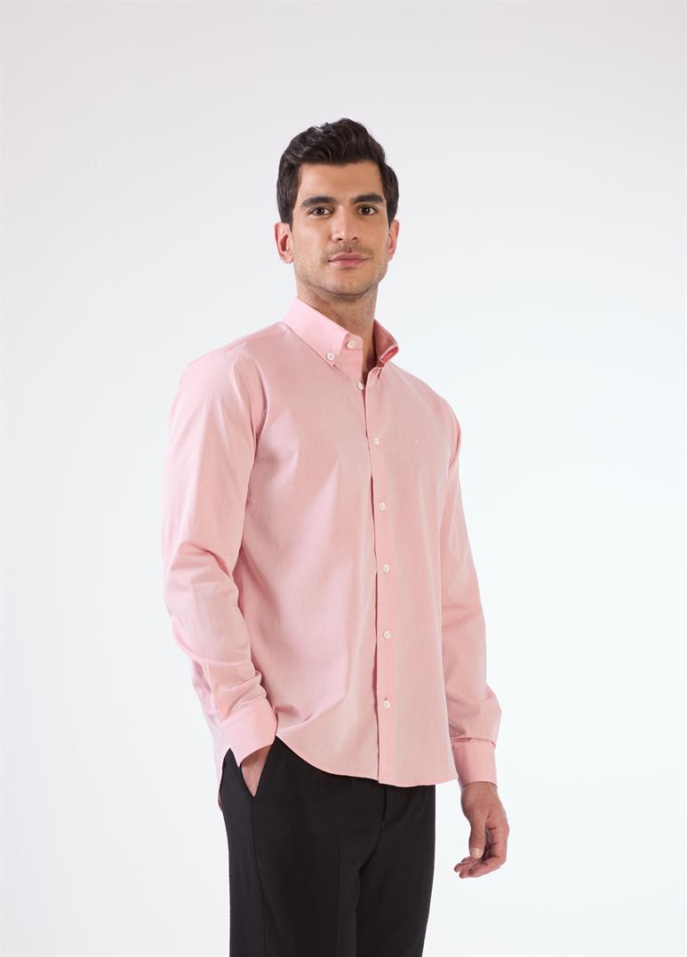 Kırmızı Erkek Regular Fit Düz Brent Düğmeli Yaka Uzun Kol Gömlek 