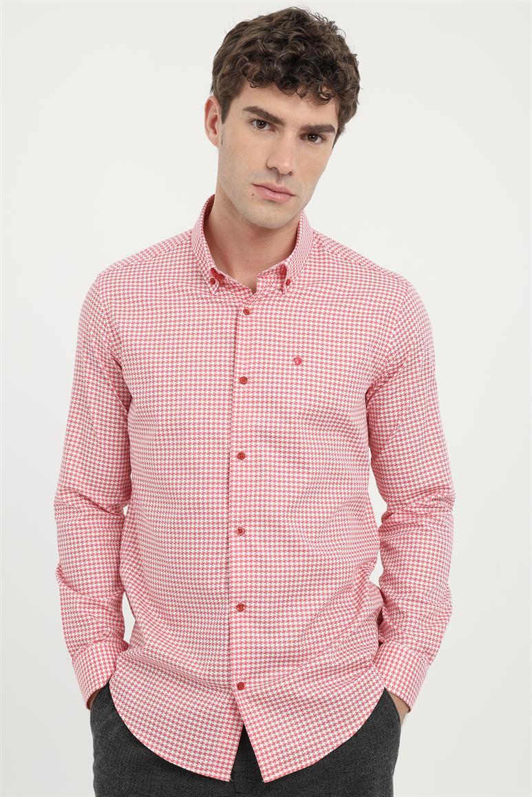 Kırmızı Erkek Slim Fit Desenli Brent Yaka Uzun Kol Gömlek