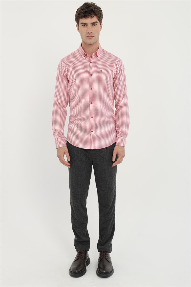 Kırmızı Erkek Slim Fit Desenli Brent Yaka Uzun Kol Gömlek