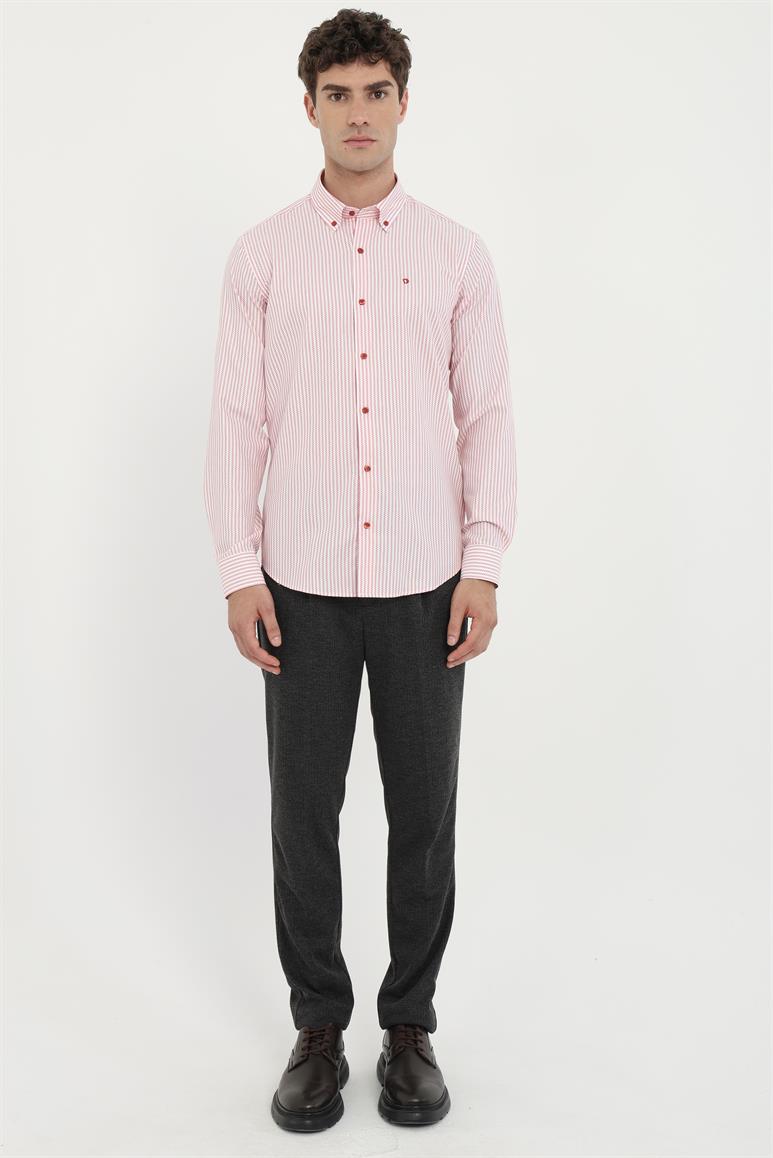 Kırmızı Erkek Slim Fit Desenli Brent Yaka Uzun Kol Gömlek 