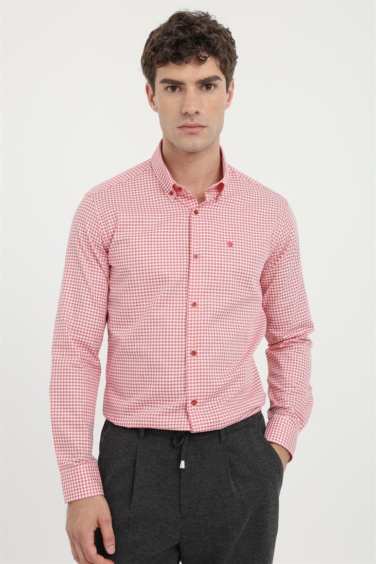 Kırmızı Erkek Slim Fit Desenli Brent Yaka Uzun Kol Gömlek