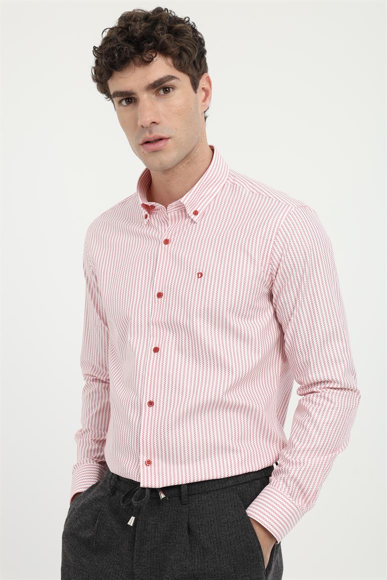 Kırmızı Erkek Slim Fit Desenli Brent Yaka Uzun Kol Gömlek 