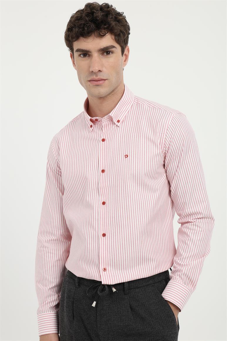 Kırmızı Erkek Slim Fit Desenli Brent Yaka Uzun Kol Gömlek 