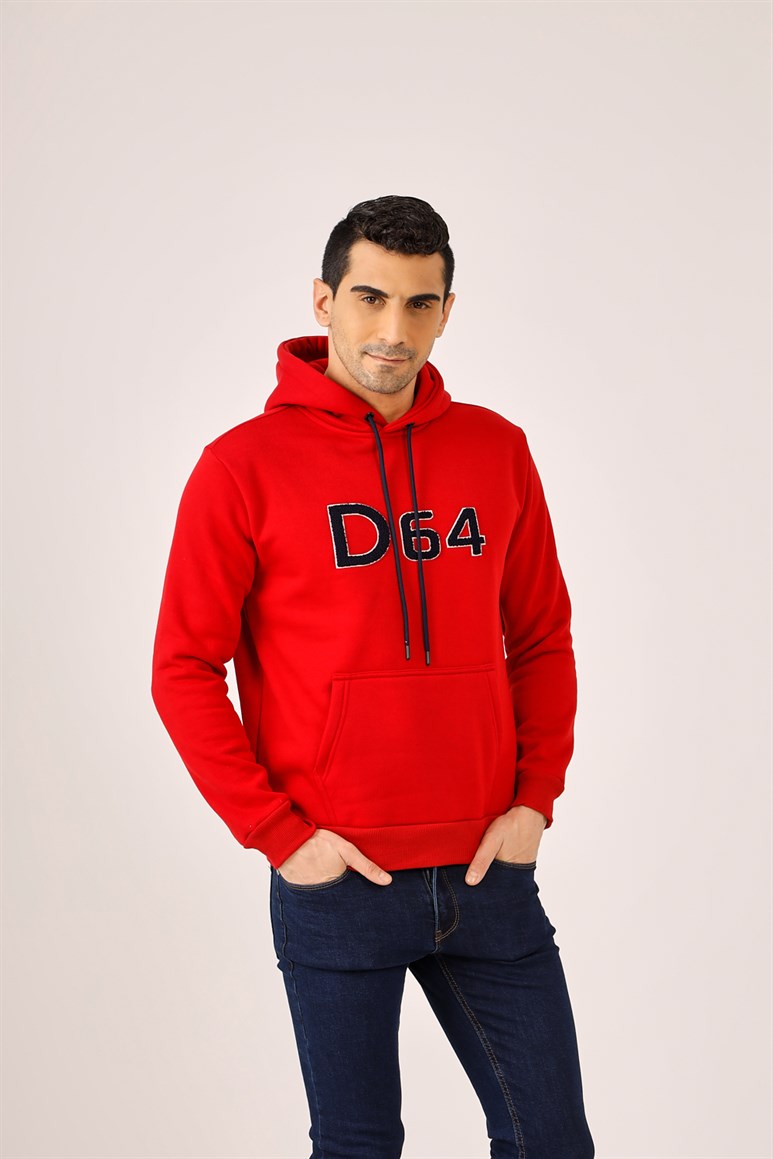 Kırmızı Erkek Regular Fit Baskılı Kapüşonlu   Sweatshirt 