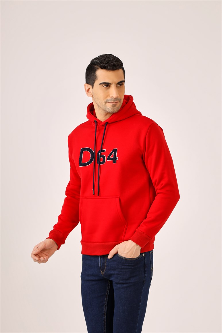 Kırmızı Erkek Regular Fit Baskılı Kapüşonlu   Sweatshirt 