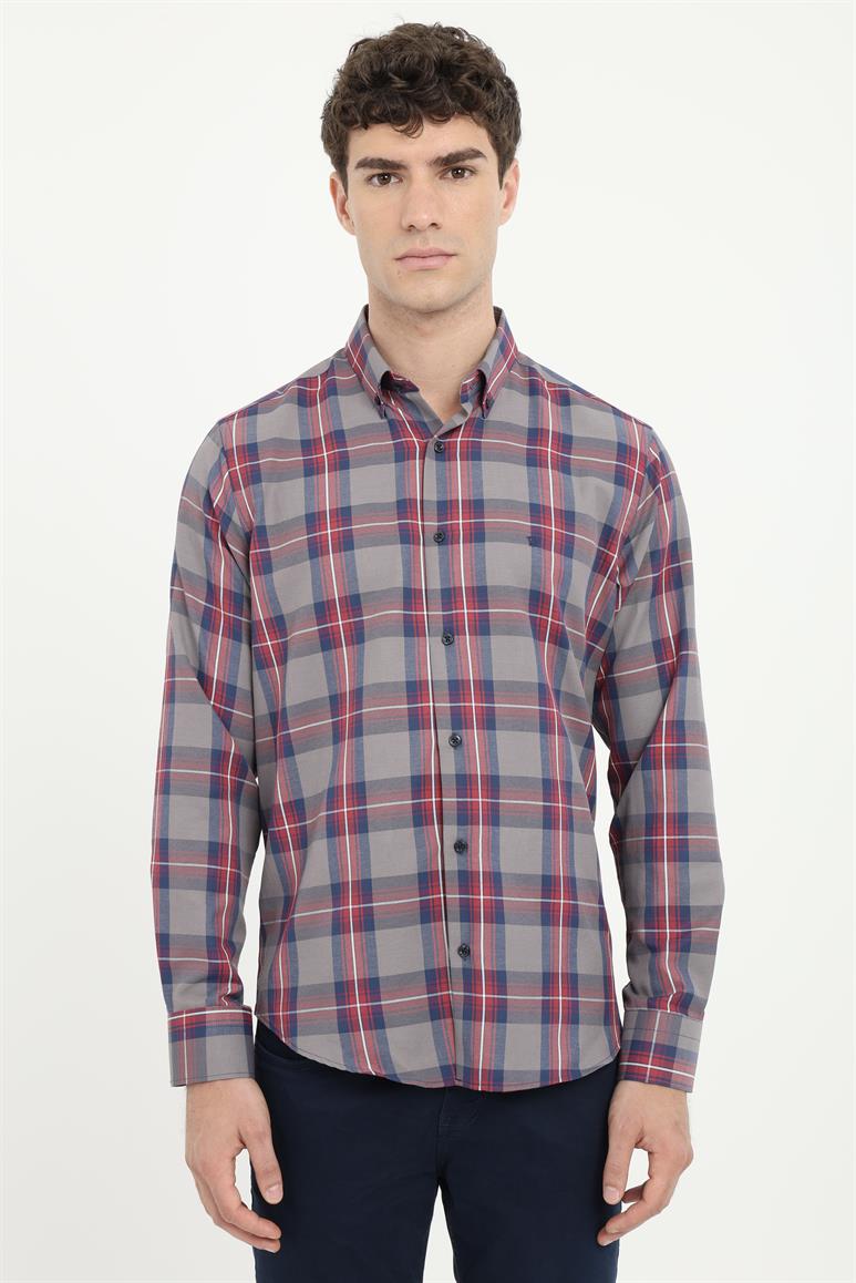 Kırmızı Klasik Ekoseli Regular Fit Erkek Gömlek 