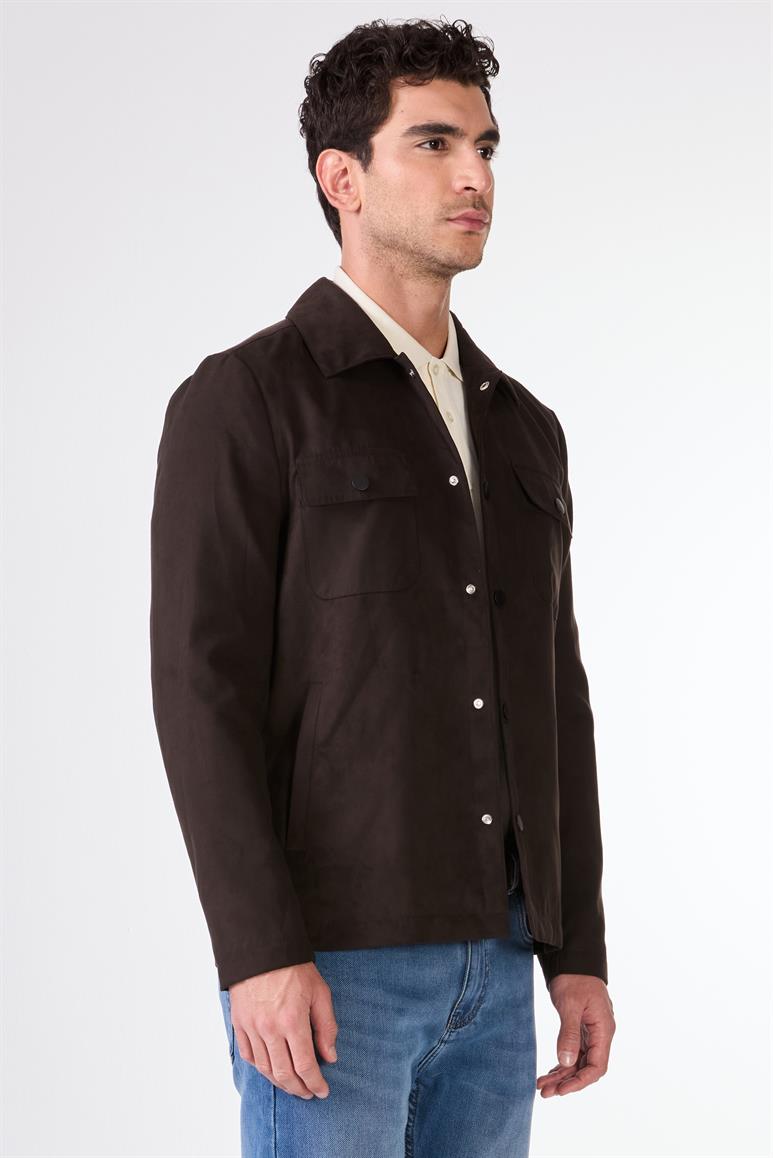 Koyu Kahverengi Erkek Regular Fit Düz Klasik Yaka Süet Mont 