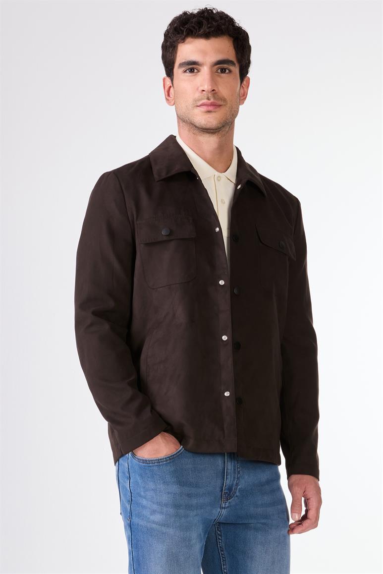 Koyu Kahverengi Erkek Regular Fit Düz Klasik Yaka Süet Mont 