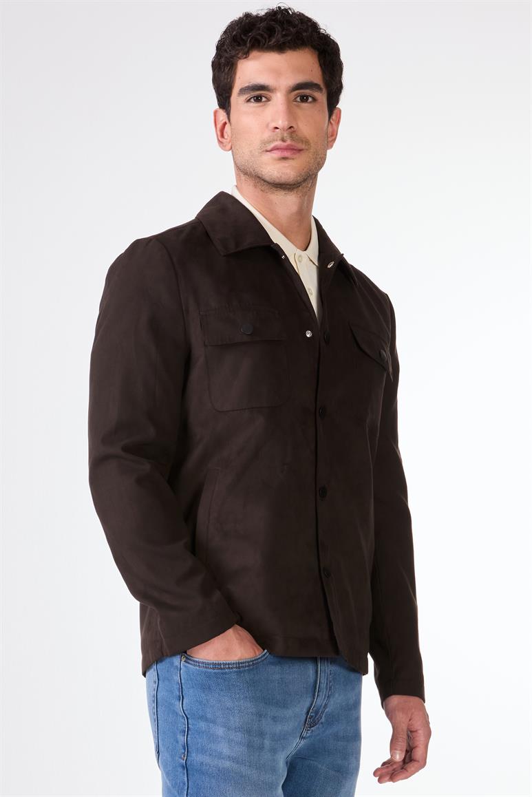 Koyu Kahverengi Erkek Regular Fit Düz Klasik Yaka Süet Mont 