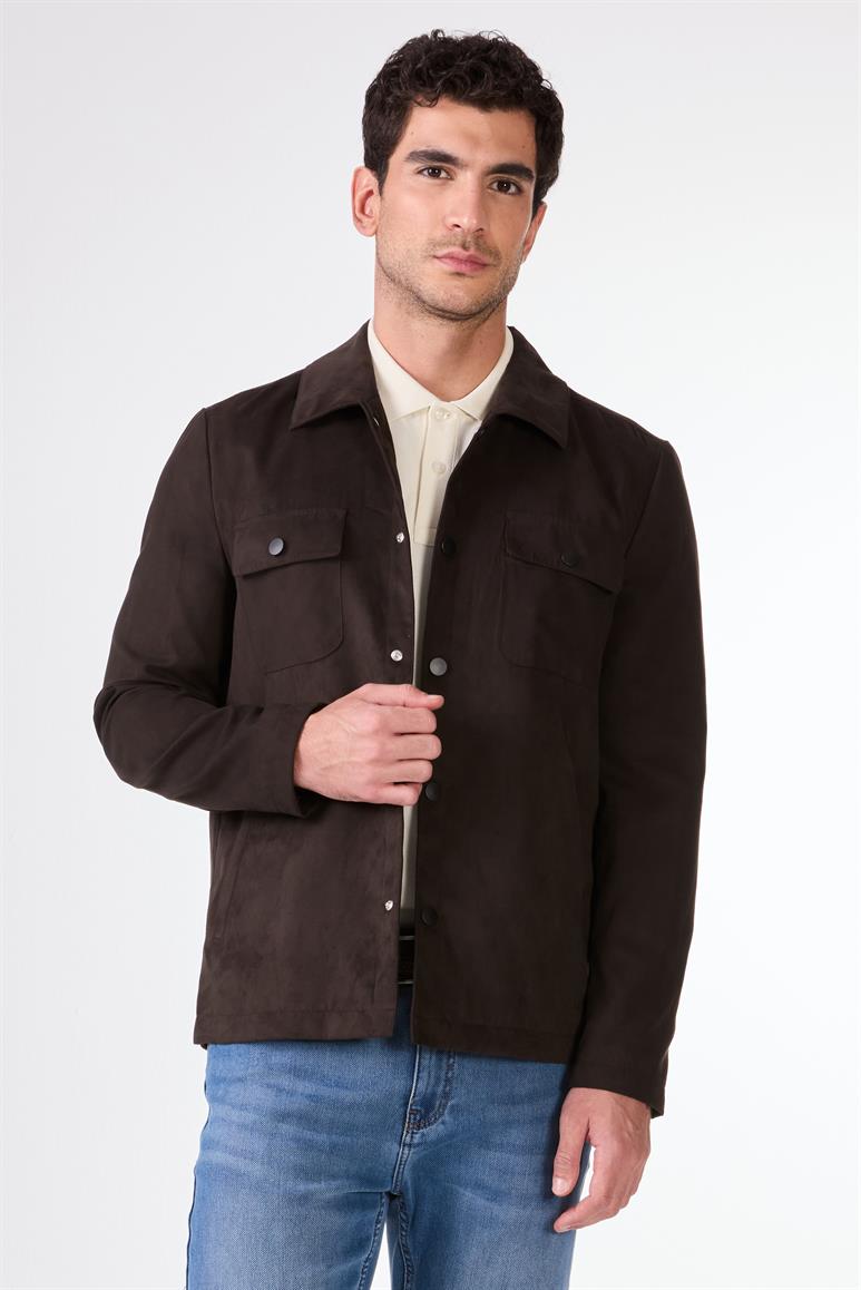 Koyu Kahverengi Erkek Regular Fit Düz Klasik Yaka Süet Mont 
