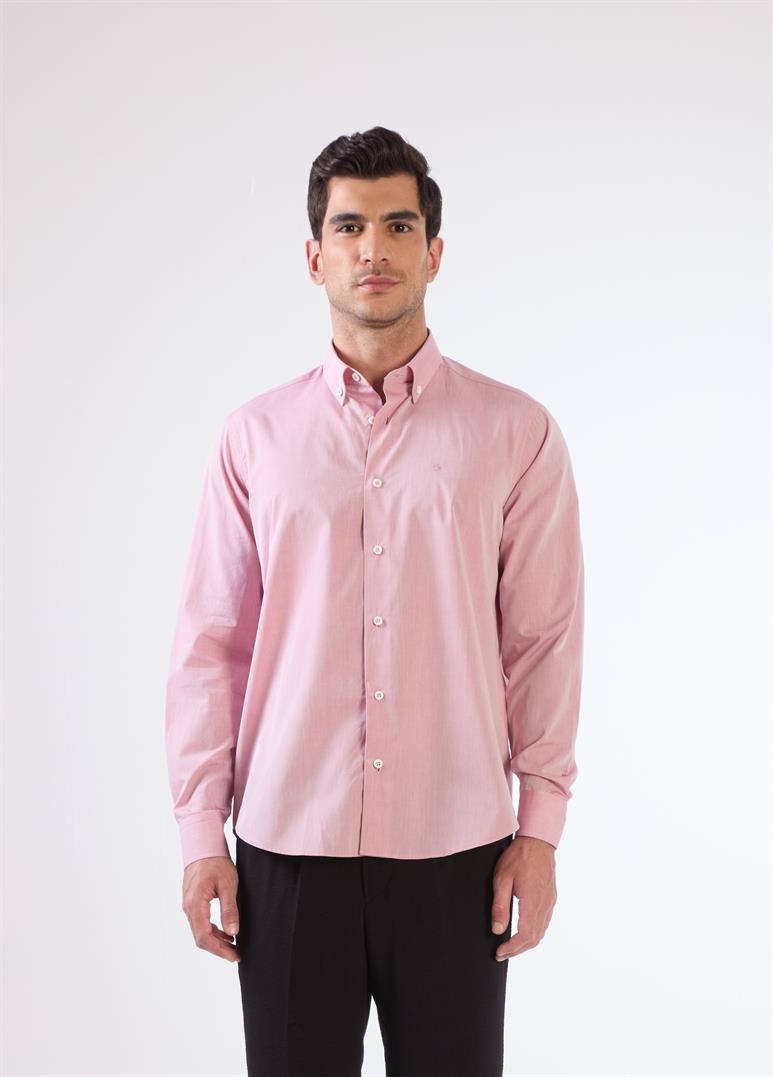 Koyu Kırmızı Erkek Regular Fit Düz Brent Düğmeli Yaka Uzun Kol Gömlek 