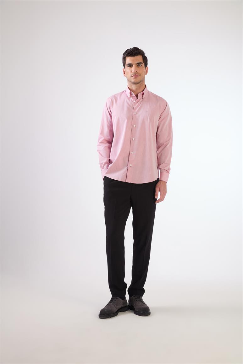 Koyu Kırmızı Erkek Regular Fit Düz Brent Düğmeli Yaka Uzun Kol Gömlek 