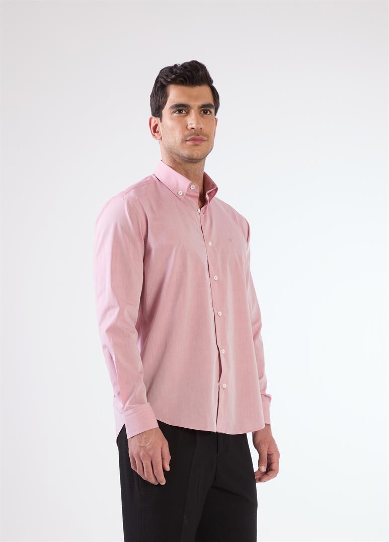 Koyu Kırmızı Erkek Regular Fit Düz Brent Düğmeli Yaka Uzun Kol Gömlek 