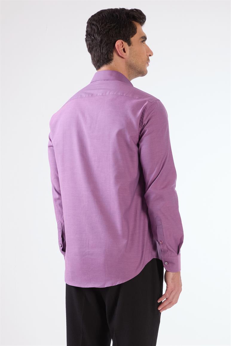 Koyu Lila Erkek Slim Fit Düz Brent Düğmeli Yaka Uzun Kol Gömlek 
