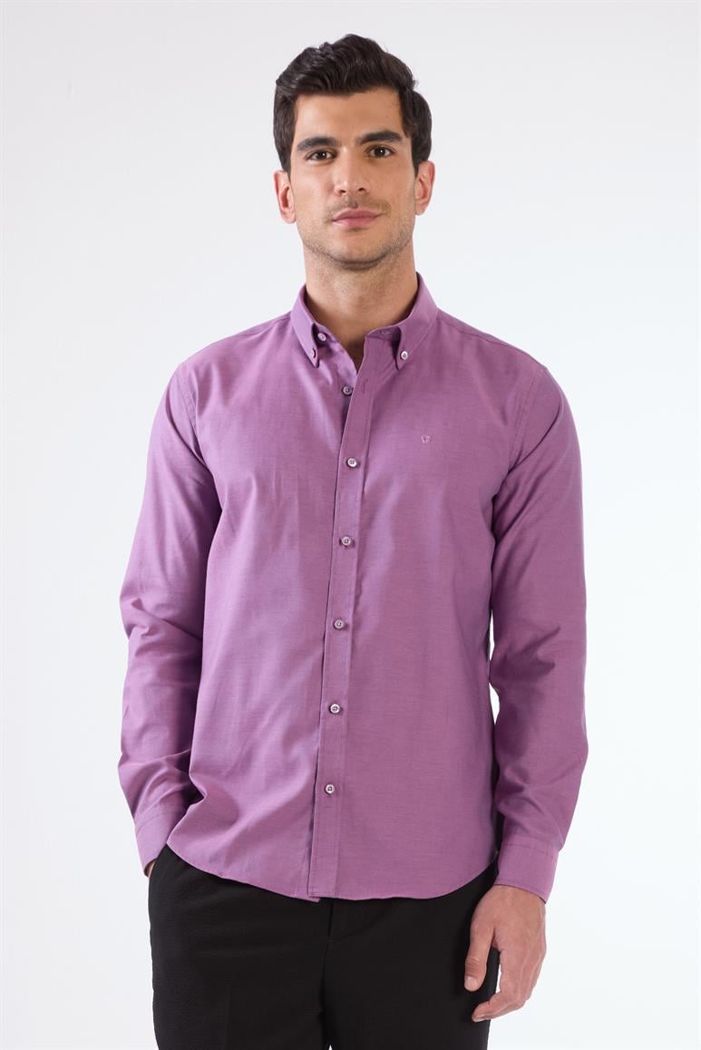 Koyu Lila Erkek Slim Fit Düz Brent Düğmeli Yaka Uzun Kol Gömlek 